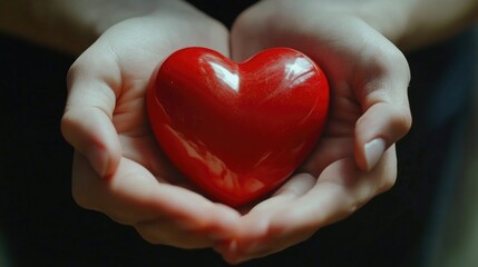 Person is holding a red heart in their hands. The heart is surrounded by a black background. Concept of love and warmth, as the person is holding the heart close to their chest