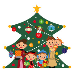 クリスマスツリーの前にクリスマスを楽しむ家族
