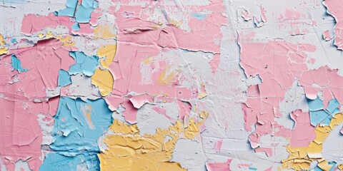 Naklejka premium Wall with a colorful, peeling paint job. The colors are pink, yellow, and blue