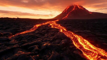 Naklejka premium Lava flowing from a volcano at sunset, showcasing natural geological beauty.