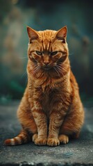 Majestic Ginger Cat with Striking Fur and Calm Gaze Sitting on Ground Outdoors, Feline Portrait Concept