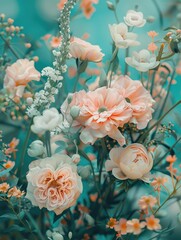 Bouquet of flowers with a blue background. The flowers are pink and white. The flowers are arranged in a way that makes them look like they are in a vase