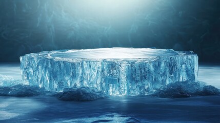 Frozen Ice Platform Product Display, Winter Scene, Iceberg, Glacial Background, Blue Tones, Product Mockup.