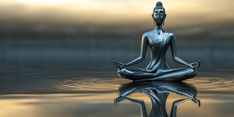 A serene metallic Buddha statue meditates on reflective water, symbolizing peace and mindfulness.