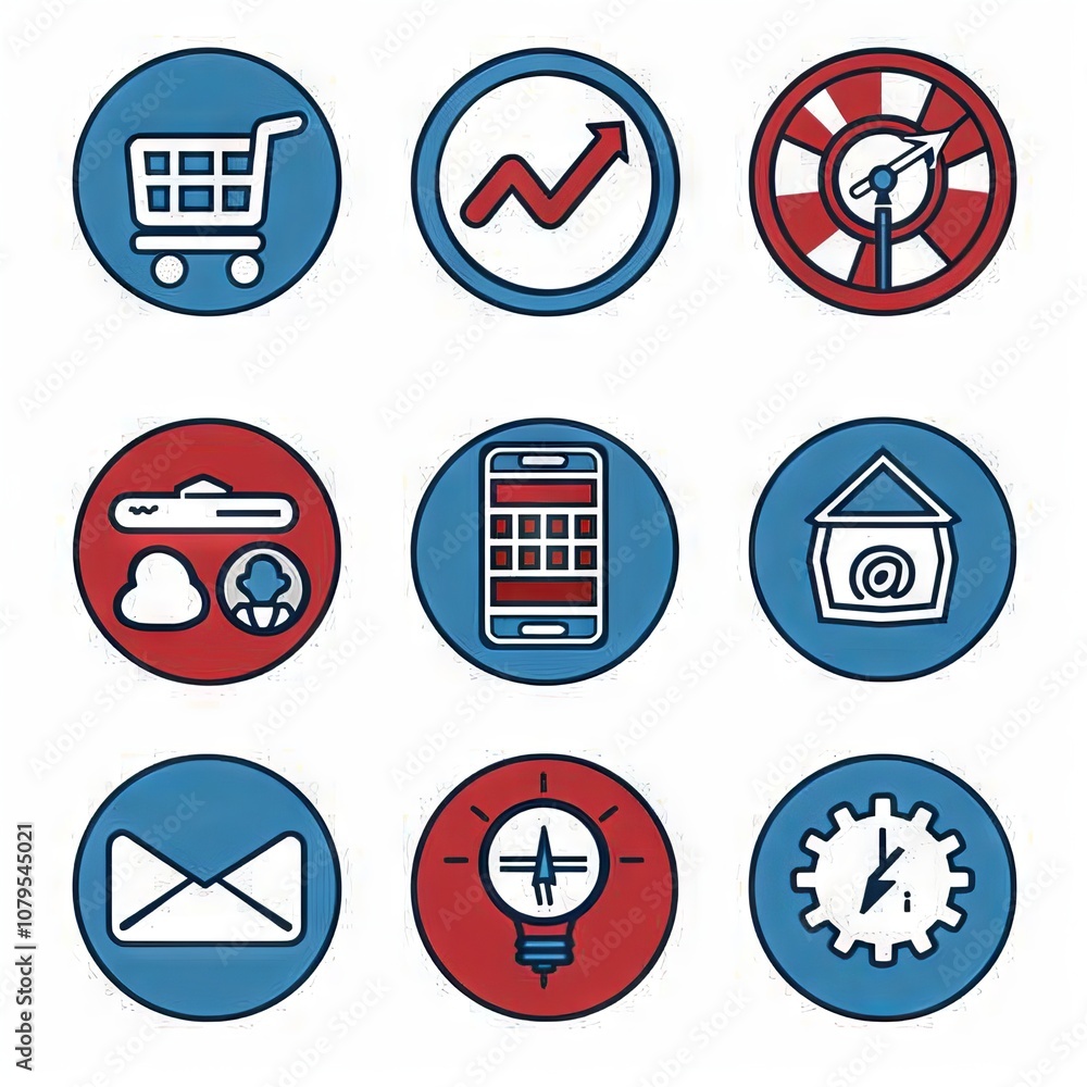 Poster variety of colorful icons representing different digital business and technology elements in a grid 