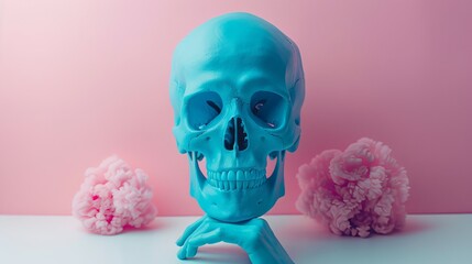 Vibrant Blue Skull with Pink Flowers on Pastel Background Artful Composition, contrast concept