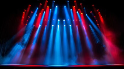 Vibrant red and blue stage lights illuminate theatrical atmosphere awaiting performance entertainment concept
