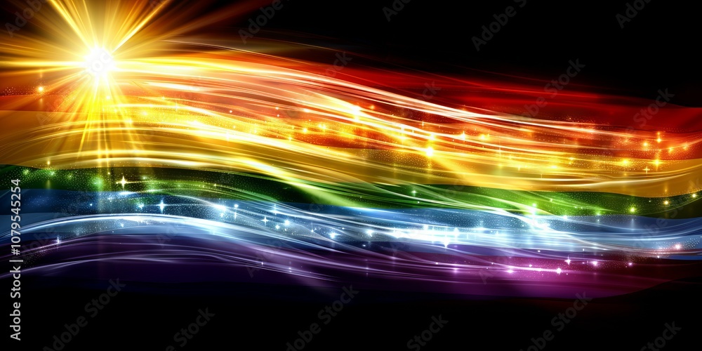 Poster vibrant waves of colorful light flowing in abstract motion with sparkling stars and shimmering effec