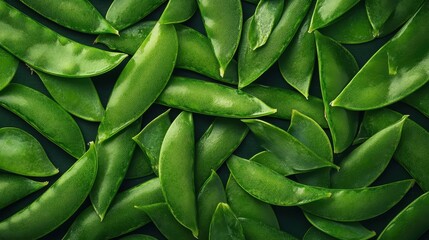 Fototapeta premium Green Pea Pods Pattern, Flat Lay, Food Photography, Fresh Vegetables, Healthy Eating, Green Background.
