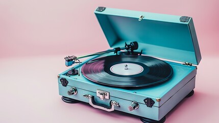 Retro Style Blue Portable Record Player with Vinyl Record on Pink Background Music Nostalgia Concept