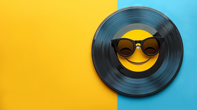 Playful vinyl record with sunglasses and smiley face on blue yellow background cheerful music concept