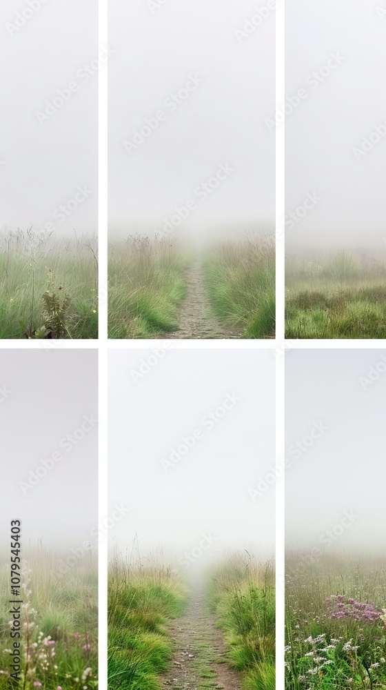 Poster misty path through grassy meadow creating mysterious ambient scene in dense foggy landscape highligh
