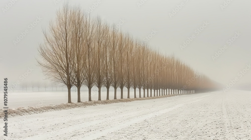Poster row of leafless trees in winter fog on snowy open field creates eerie symmetry landscape atmosphere 
