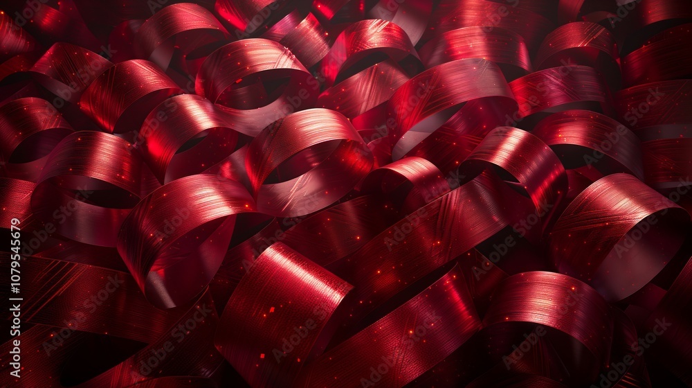 Poster lustrous red ribbons creating elegant patterns in closeup light enhancement concept