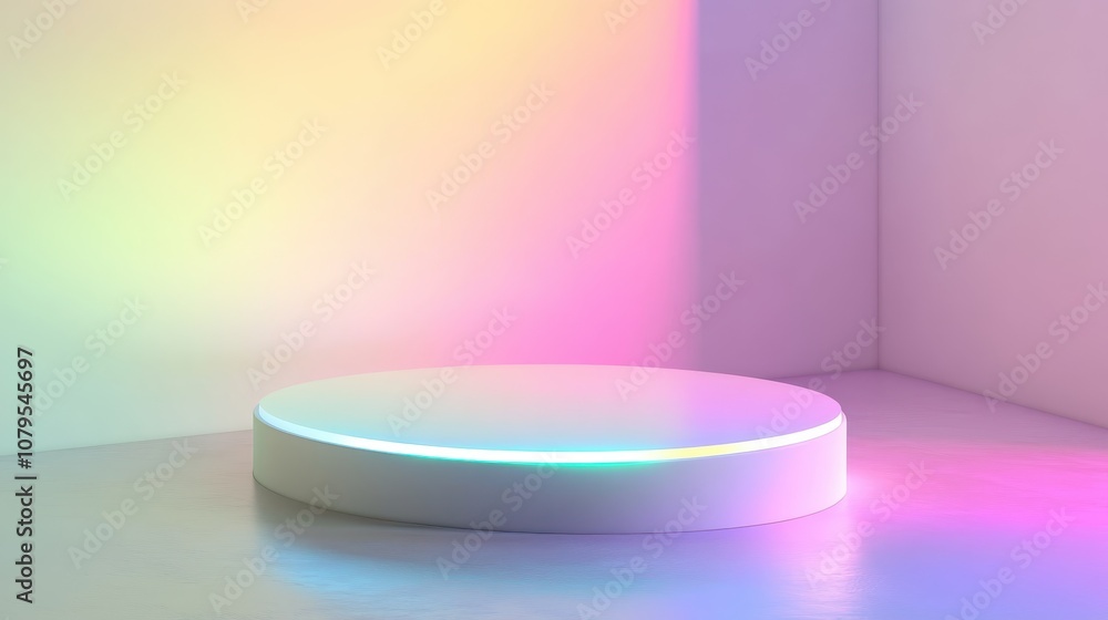 Poster abstract pastel background with glowing circular platform for product display.