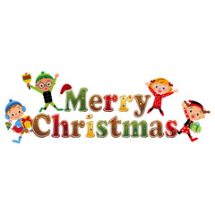 クリスマスの英文の文字と子供達