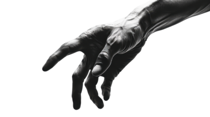 Hand symbolically points upwards with the index finger on white transparent background
