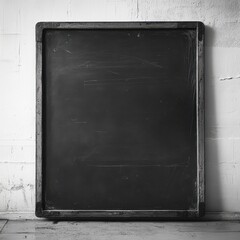 Fototapeta premium Black Chalkboard with Wooden Frame on White Brick Wall Background.