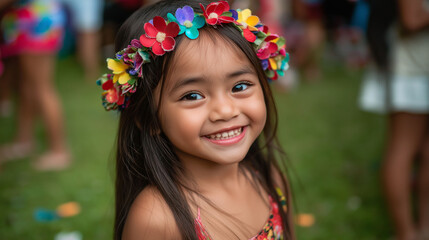 Little girl with paper flower crown in Spring Festival