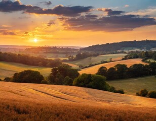Fototapeta premium Sunset Over Rolling Hills of Golden Fields, Captured With a Vibrant Sky and Layers of Trees in the Distance for a Scenic Nature Landscape