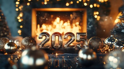 A cozy setting highlights the year 2025 with shimmering decorations and a glowing fireplace. Golden ornaments and twinkling lights create a festive atmosphere, perfect for welcoming the new year.