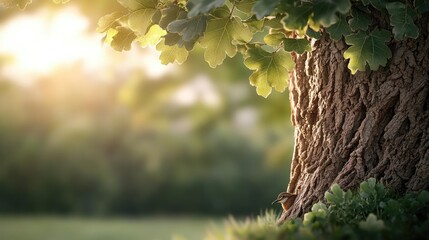 Close-up of a tree trunk with leaves, illuminated by warm sunlight.