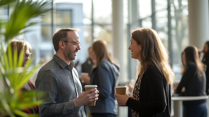 Professionals Networking with Coffee During a Business Event in Modern Office Space
