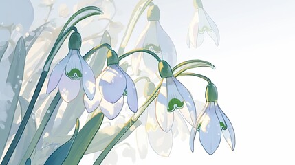 Delicate White Snowdrops with Green Stems and Leaves