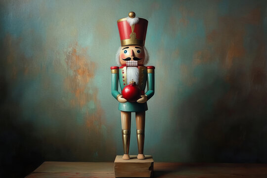 Nutcracker with Red Ornament: A whimsical nutcracker figurine with a red ornament in hand, standing against a textured green background.