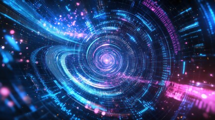 Abstract swirling blue and pink glowing digital tunnel with bright light at center.