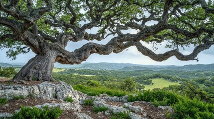 Obraz premium Majestic tree with sprawling branches overlooking a lush green landscape.