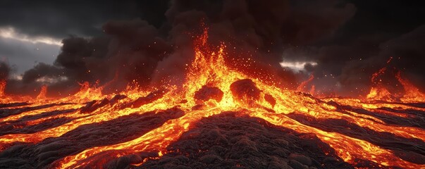 Molten lava flowing from a volcanic eruption under a dark, smoky sky.
