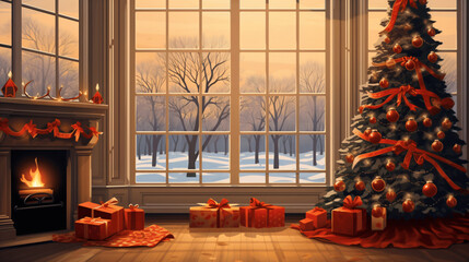interior christmas. magic glowing tree, fireplace and gifts  
