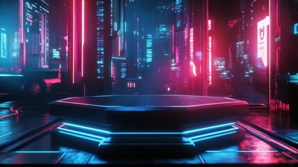 Futuristic Neon Cityscape with Podium for Product Display - Cyberpunk Background.