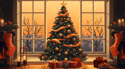 interior christmas. magic glowing tree, fireplace and gifts  
