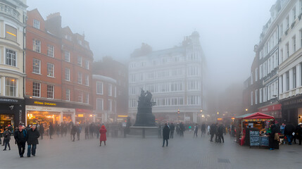 Fototapeta premium Foggy day in a city with people walking around