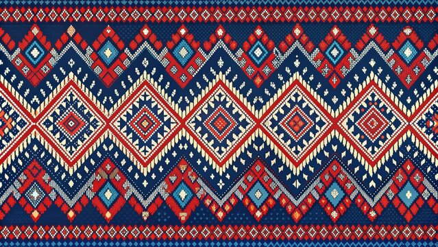 Traditional blue and red ikat motif design with intricate geometric patterns , ikat, traditional, blue, red, motif, design