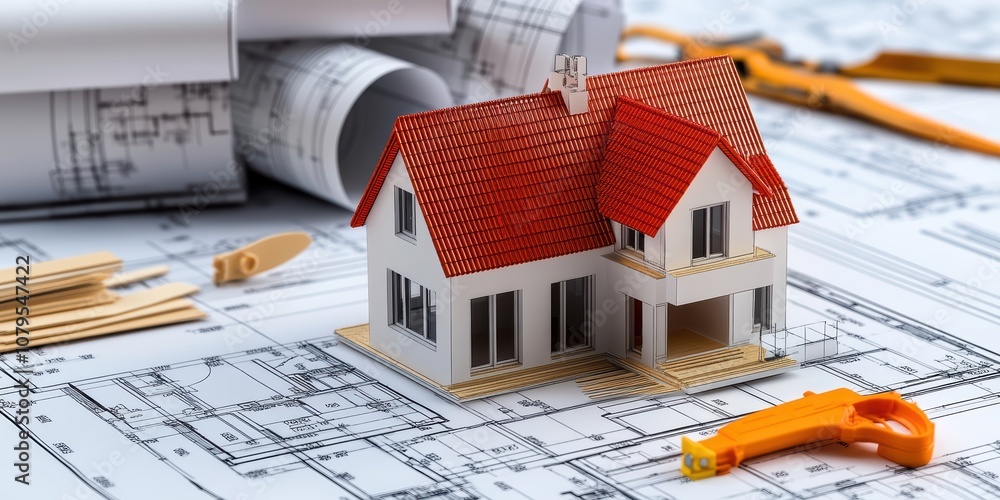 Poster building a modern cottage concept architectural model on blueprint plans in a creative workspace env