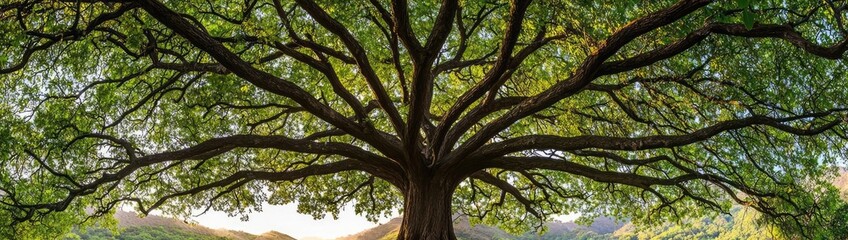 Obraz premium Majestic tree with sprawling branches in a lush green landscape.