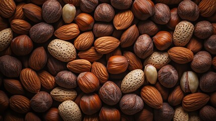Close-up Macro Shot of Almonds and Hazelnuts - Brown and Creamy Nuts Background Texture.