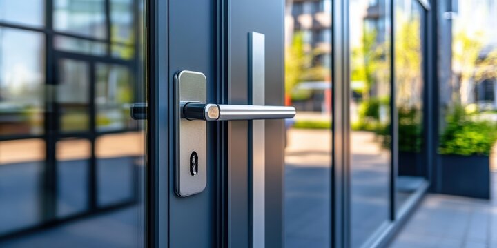 Modern aluminum door handle installation urban office building product showcase contemporary environment close-up view innovative design concept for enhanced security