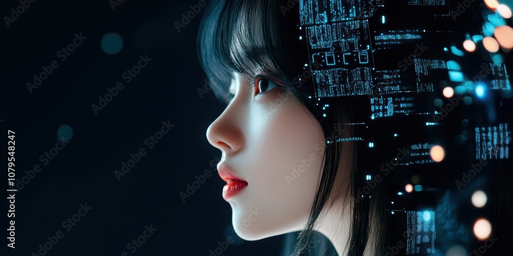 Poster artificial intelligence concepts through a female llm visualization digital realm portrait futuristi
