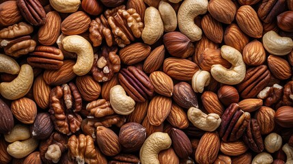 Close-up of Mixed Nuts - Almonds, Cashews, Pecans, Hazelnuts, Walnuts, Healthy Snack, Food Texture