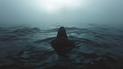 Fototapeta premium A person is swimming in the ocean in the middle of a foggy day