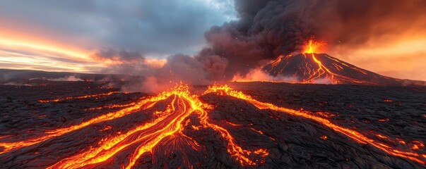 Active volcano erupting with flowing lava and dramatic sky.