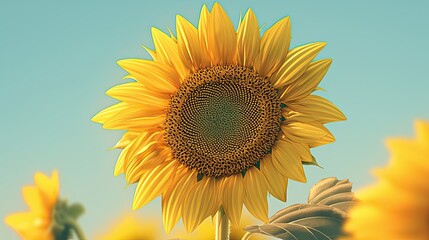Obraz premium A Single Sunflower with Yellow Petals Against a Blue Sky