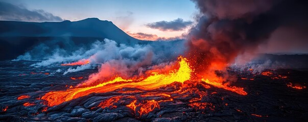 Lava flowing from volcano during sunset, dramatic sky and smoke emanating.