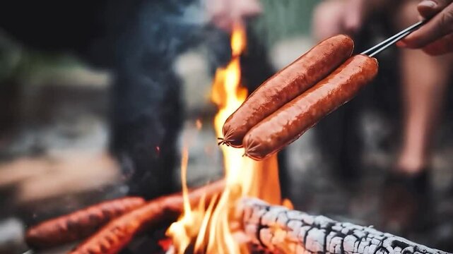 Burning sausages on bonefire