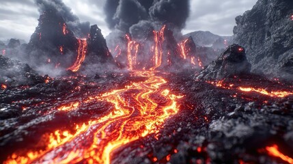 Lava flowing from a volcanic eruption against a dramatic, smoky backdrop.