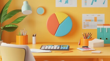 Retirement planning, Financial literacy, Person at desk planning retirement with pie charts, calculator, modern design, 3D illustration